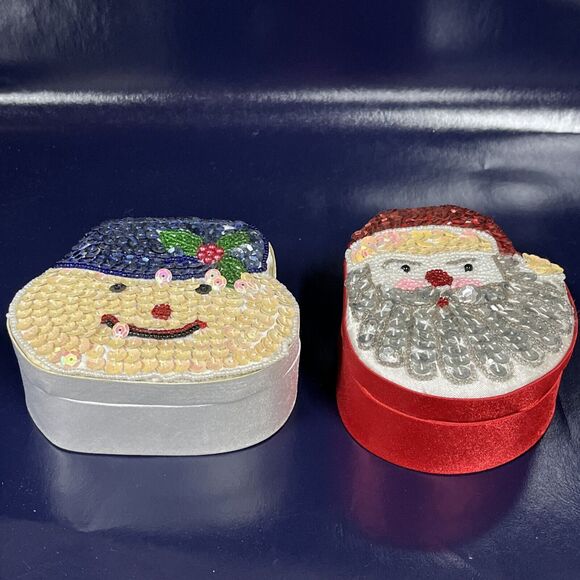 VTG Lot Of‎ 2 Satin Beaded Xmas Gift Trinket Box White Snowman & Red Santa  -D10 - Picture 2 of 8